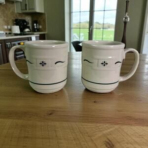 Longaberger Pottery VTG Set 2 Woven Traditions Heritage Green & Ivory Mugs READ